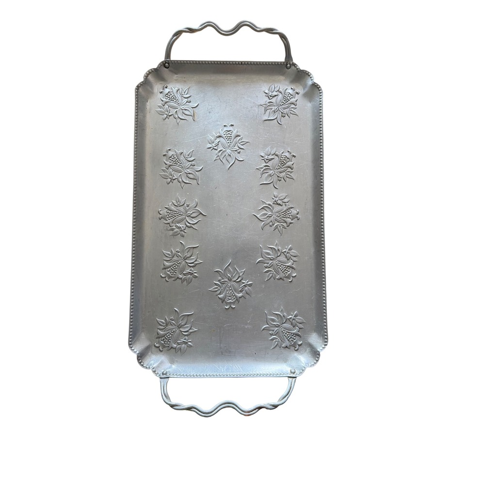 Vintage Aluminum Serving Tray OS Silver Good Floral Pomegranate Beaded Rim 20"